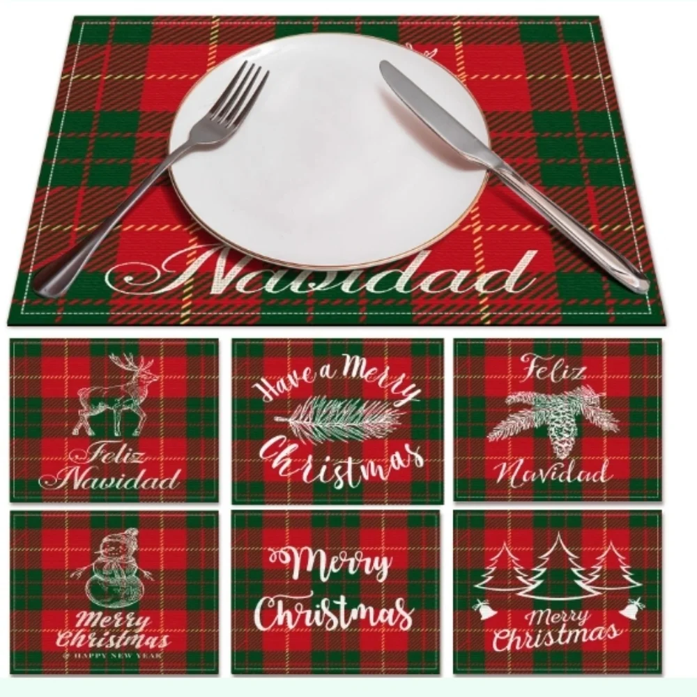 HAKACC 6pc Buffalo Plaid Placemat Set 6 Designs Merry Christmas & Feliz Navidad